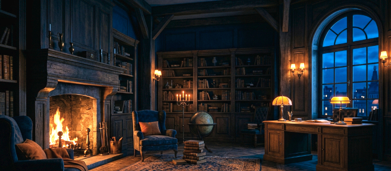 Moody, warmly graded library interior with a fireplace and desk lamps