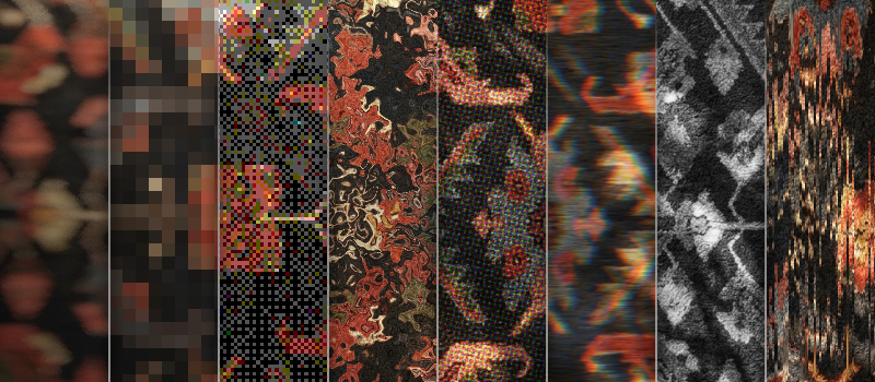 Strips of footage with different glitch, pixelate, and distortion effects applied