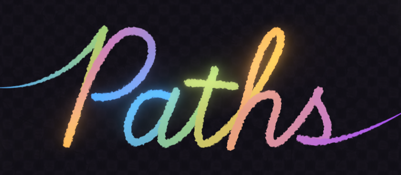 Handwritten word Paths drawn in a rainbow gradient stroke