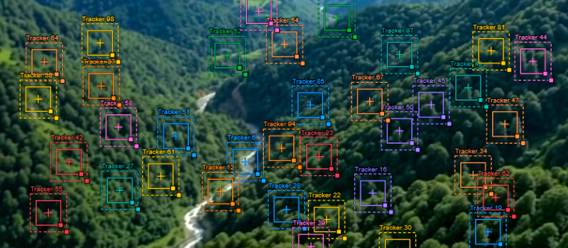 Aerial forest footage covered in colorful motion tracker boxes